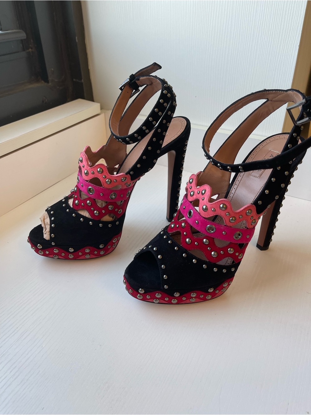 Alaia Black, Pink and Red Scalloped Studded Platform Sandals - Picture 10 of 12